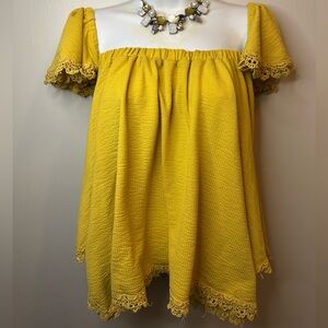 Daytrip Mustard Yellow Smocked Peasant Top – Lace Trim Off Shoulder Blouse